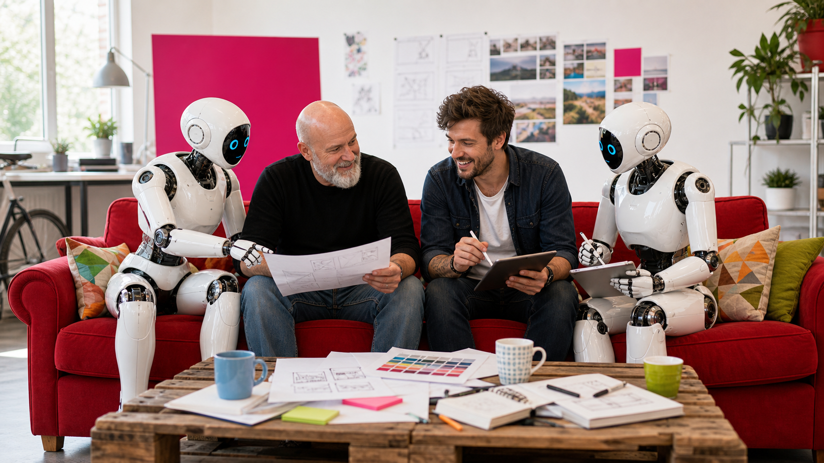 Twee creatieve mensen op een rode bank met twee witte humanoid AI-robots